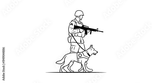 Military Soldier and K9 Unit Dog Handler with Assault Rifle
