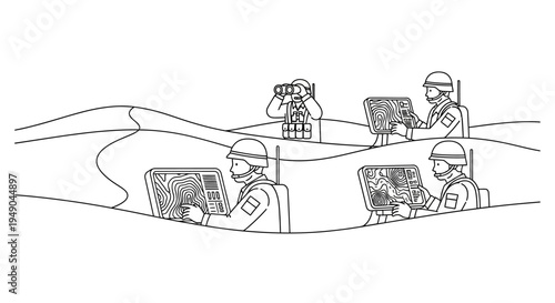 Military team using advanced technology in desert warfare scenario