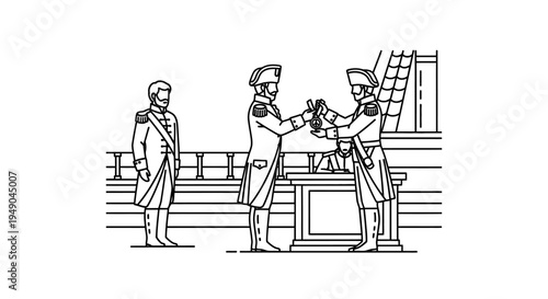 Naval officers in historical uniforms presenting awards on a ship deck