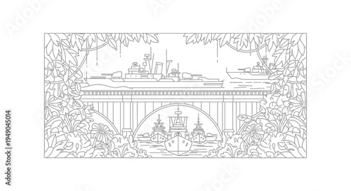 Naval Fleet Under Bridge Surrounded by Lush Jungle Foliage, Vintage Line Art