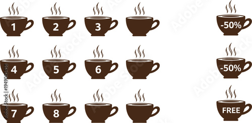 Coffee loyalty card stamp set with cups numbers discount and free reward vector illustration for cafe promotion program