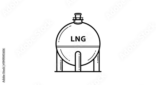 LNG Storage Tank Stationary, Holding Liquified Natural Gas in Industrial Zone, Engineering Design for Energy Sector, Outlined Drawing Style, Black and White Illustration, Storing Fuel Resources