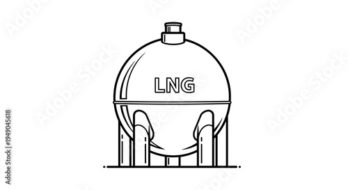 LNG Storage Tank Outline Vector: Fuel Industry Infrastructure, Clean Energy Storage at Industrial Site, Liquefied Natural Gas Container, Power Station Equipment