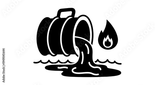 Environmental Oil Spill Disaster Unfolding, Depicting Ecology and Pollution Concerns with Fuel Drum Leaking in Water. Symbol of Threat and Danger to Aquatic Life, Black and White Icon Style
