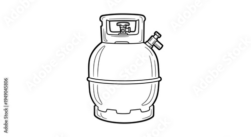 Empty Propane Tank Isolated on White Background Ready for Camping and Grilling Adventures: Portable Gas Cylinder Vessel in Black and White Line Art, Home Use, BBQ, Outdoor Cooking, Fuel Source