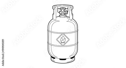 Propane Tank Safety Outline Drawing: Storing Flammable Compressed Gas – Portable Cylinder with Valve in Warehouse Setting for Heating & Cooking – Industrial Fuel Supply Cartoon Illustration – LPG 