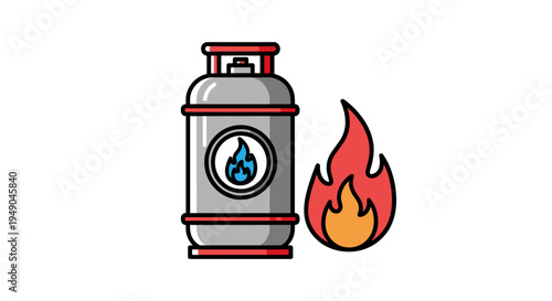 Fuel Tank Ignited: Fire Burning near a Propane Gas Cylinder Depicting Danger and Explosive Risk in Industrial and Domestic Settings, Energy Crisis, Clean Power, Cartoon Style Image Design, Bright Colo