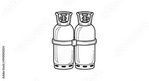 Propane Tanks Secured Side-by-Side: Outdoor Heating Illustration for Camping, Grilling, and Industrial Gas Supply. Detailed Chemical Storage, Fuel Transportation and Piping System Diagram; Editable Ve