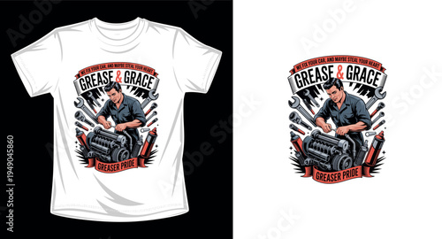 Grease and grace graphic vector art t-shirt design print template for mechanics and car enthusiasts, vintage style 