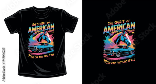 The spirit of American legend horse and mustang car retro sunset graphic vector art t-shirt design print template	
