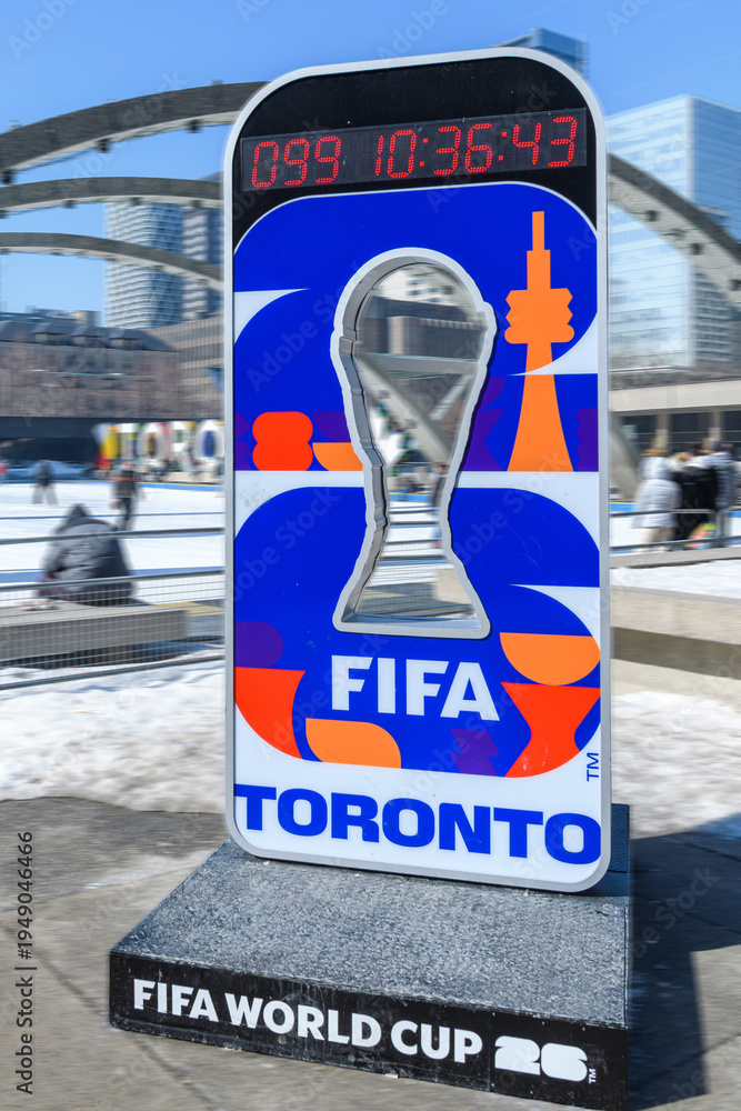 Fototapeta premium 2026 FIFA World Cup countdown sign in Nathan Phillips Square, Toronto, Canada