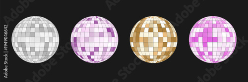 Pink and gold glitterball with shiny mirror pattern and glowing reflections in 80s aesthetic. Vector illustration isolated for club poster, music party design and dance celebration print