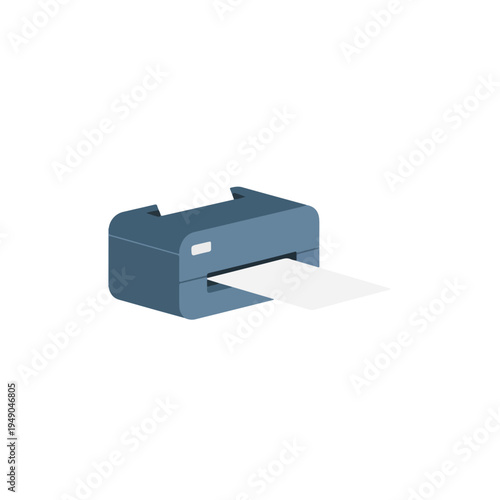 An isometric vector illustration features a compact desktop printer in blue-grey, actively printing a white sheet of paper that extends from its front output slot.