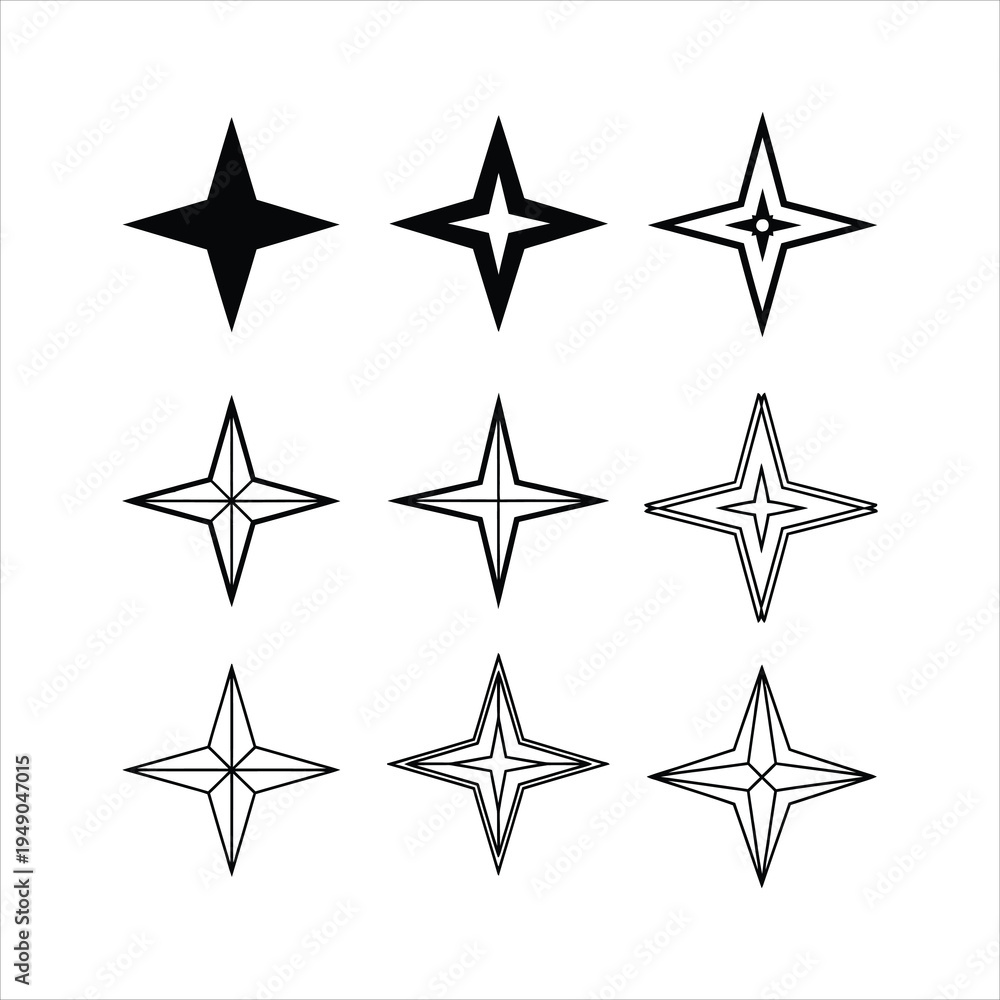 Obraz premium Four-Pointed Star Shapes Collection Diverse Line Art and Solid Fill Variations Abstract Geometric Symbols Isolated on white background