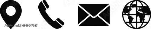 Black Contact and Communication Icon Set Featuring Location Pin, Telephone Handset, Email Envelope and Global Internet Globe Symbols