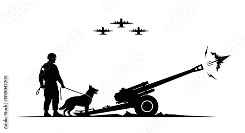 Military Soldier, Guard Dog, Artillery Cannon Firing, Bomber Planes Flying Overhead