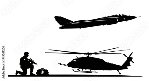 Military Soldier, Helicopter, and Jet Fighter Silhouette on White Background