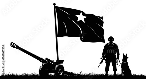 Military Soldier, K9 Dog, Cannon, and Flag Silhouette - Patriotism and Defense