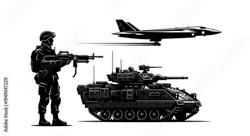 Military Soldier, Tank, and Jet Fighter: Modern Warfare and Defense Technology
