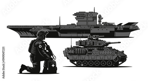 Military Soldier, Tank, and Aircraft Carrier: Power, Defense, and Medical Support