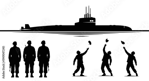 Military Soldiers and Submarine Silhouette, Celebration with Hat Toss