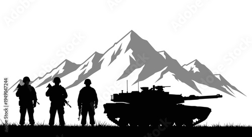 Military Soldiers and Tank Silhouette Against Majestic Mountain Range