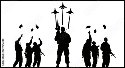 Military Soldiers Celebrating Victory with Fighter Jets Flying Overhead