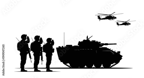 Military Soldiers Saluting Beside Tank and Helicopters Silhouette