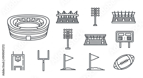 American Football Stadium and Equipment Line Art Collection.