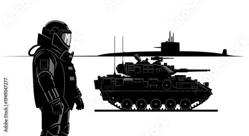 Military Vehicle and Submarine Size Comparison with Hazmat Suit Figure