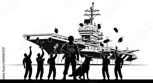 Military Team with Dog and Aircraft Carrier Silhouette