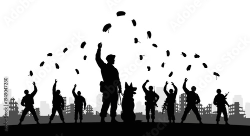Military Team Celebration Silhouette with Parachutes and Dog in Ruined City