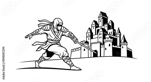 Ninja Warrior Attacking a Castle Fortress with Sword - Black and White Illustration