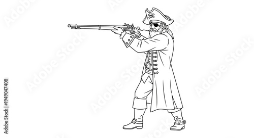 Pirate with Musket Aiming, Historical Figure, Vintage Weapon, Old-Fashioned Soldier