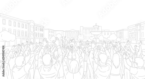 Protest Crowd Raising Hands in City Square, Political Demonstration, Public Gathering