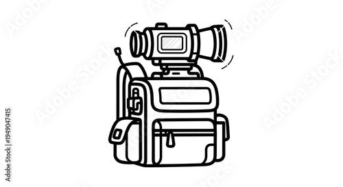 Professional video camera on backpack, filming equipment, documentary production, outdoor shooting