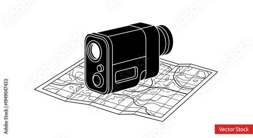 Rangefinder device on a topographic map, outdoor adventure navigation tool