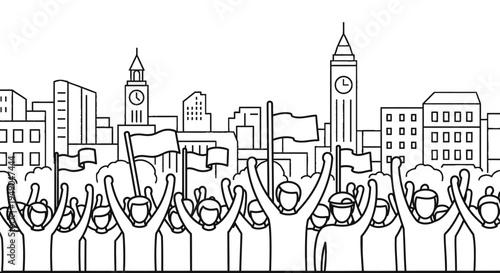 Protestors with flags in front of city skyline, illustration