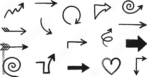 Hand drawn arrow doodle collection with sketch directional arrows, curved swirl pointers, navigation symbols for infographic design vector set