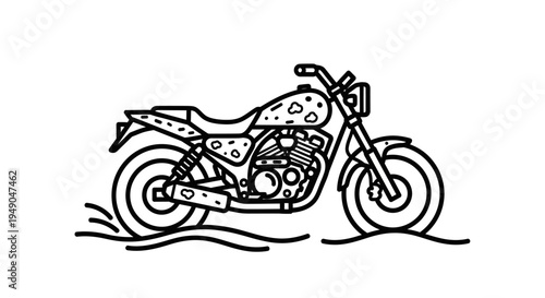Retro Motorcycle Line Art: Vintage Cruiser Riding Through Water Splashes