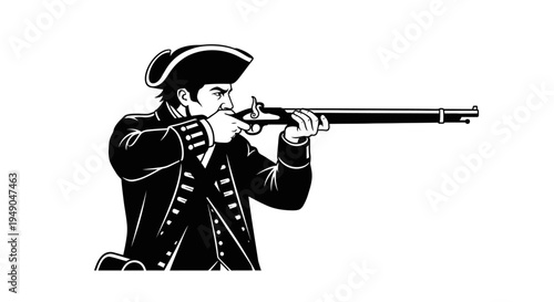 Revolutionary War Soldier Aiming Musket, Historical American Patriot Warrior