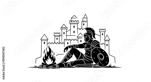 Roman Soldier Resting by Campfire with Castle Silhouette