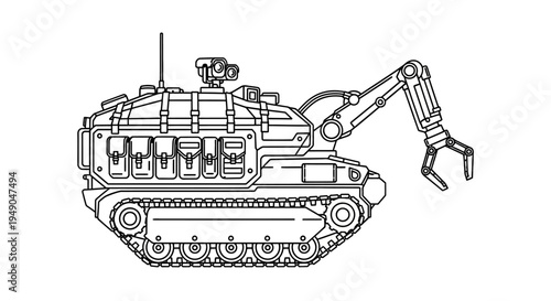 Robotic Arm Vehicle, Futuristic Military Tank with Gripper, Outline Drawing