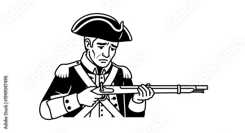 Sad Revolutionary War Soldier Holding Musket, Historical American Military Man