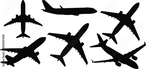 Collection of six commercial airplane silhouettes, black vector icons of passenger planes in flight from various angles isolated on white.