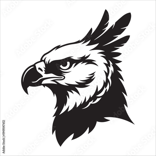Stylized illustration of an eagle head in black and white, featuring sharp, angular lines and bold contrast. 