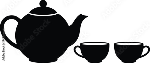 Teapot and Two Tea Cups Silhouette Vector Icon Set, Minimal Kitchen Drinkware Illustration for Tea Time, Cafe Menu, Beverage Design