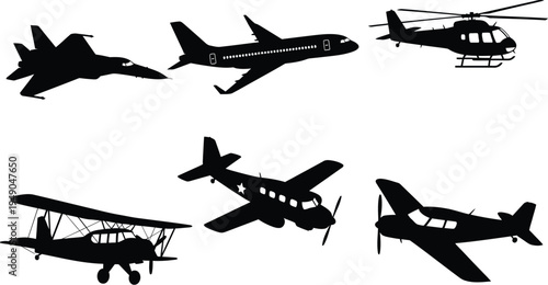 Collection of six diverse aircraft silhouettes, black vector icons of fighter jet, commercial airplane, helicopter, and vintage biplane isolated on white.