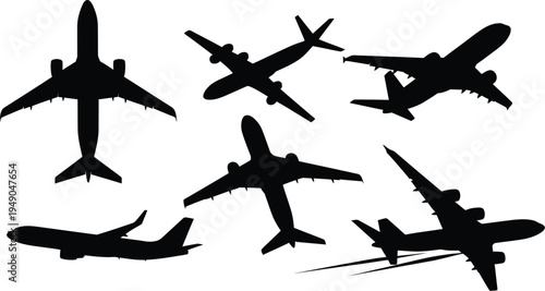 Collection of six commercial airplane silhouettes, black vector icons of passenger planes in flight from various perspectives isolated on white.