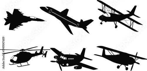 Collection of six diverse aircraft silhouettes, black vector icons of fighter jets, biplanes, and passenger planes isolated on white
